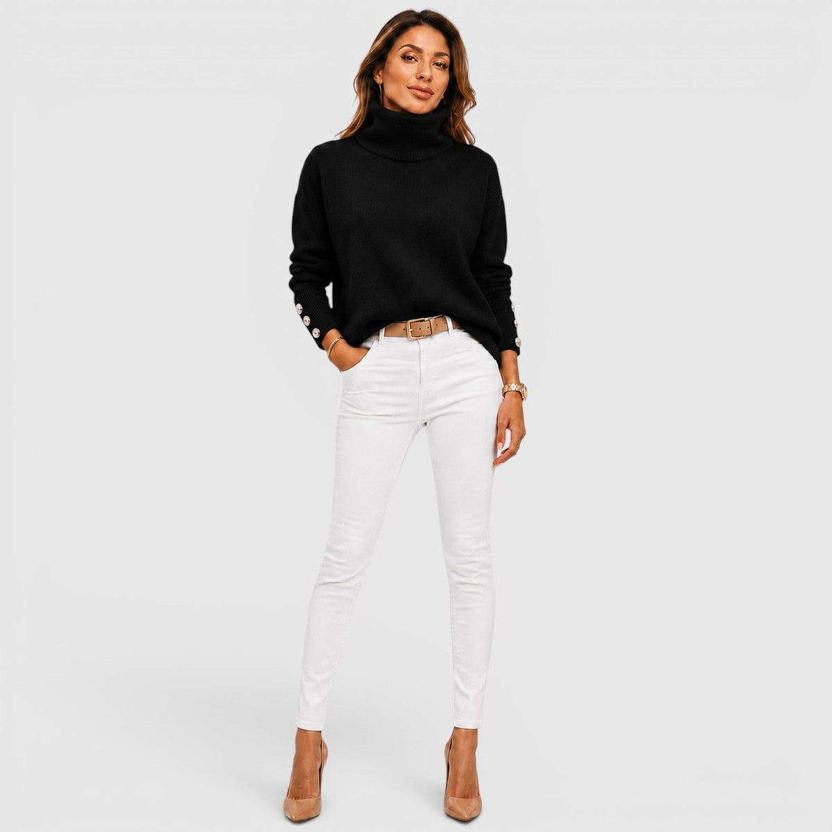 Women's Oversized Ribbed Turtleneck Sweater, Chunky Knit - Beverley