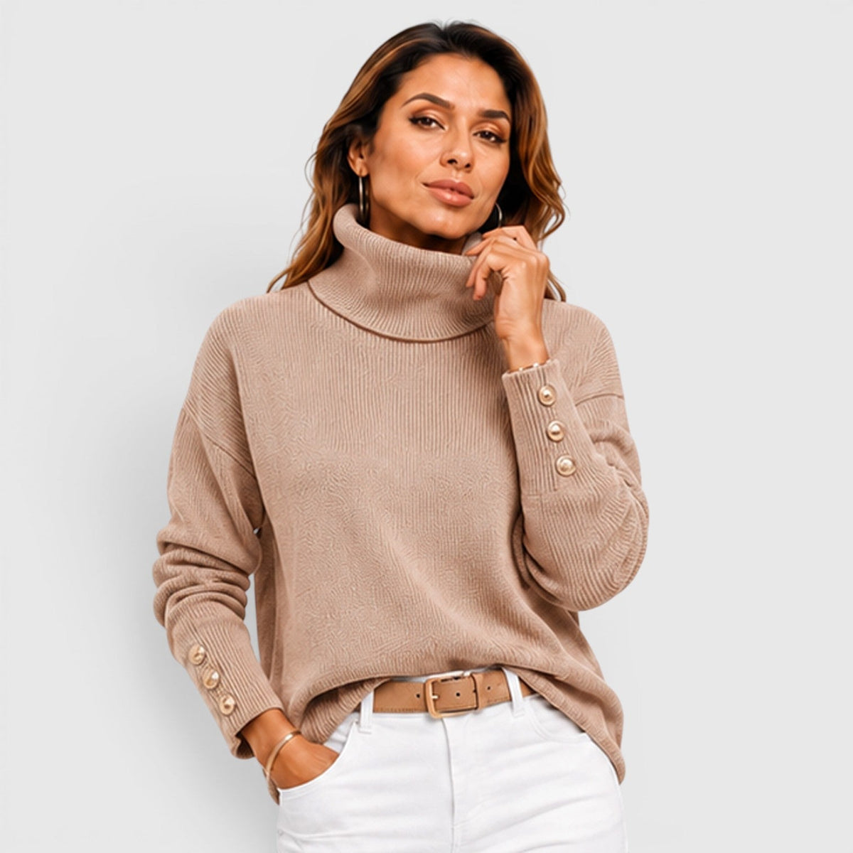 Women's Oversized Ribbed Turtleneck Sweater, Chunky Knit - Beverley