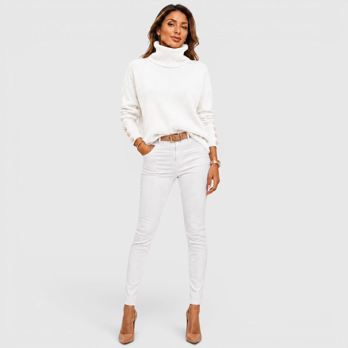 Women's Oversized Ribbed Turtleneck Sweater, Chunky Knit - Beverley