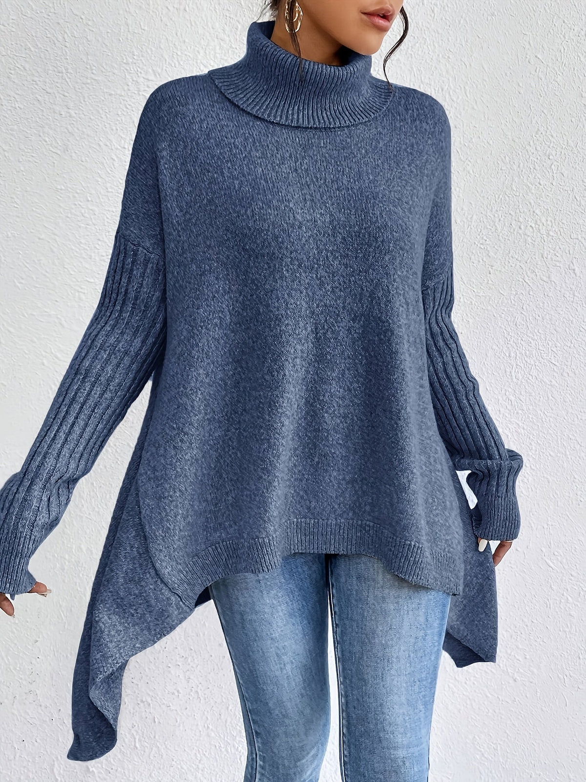 Women's High Neck Sweater, Relaxed Fit and Asymmetric Hem - Audrey