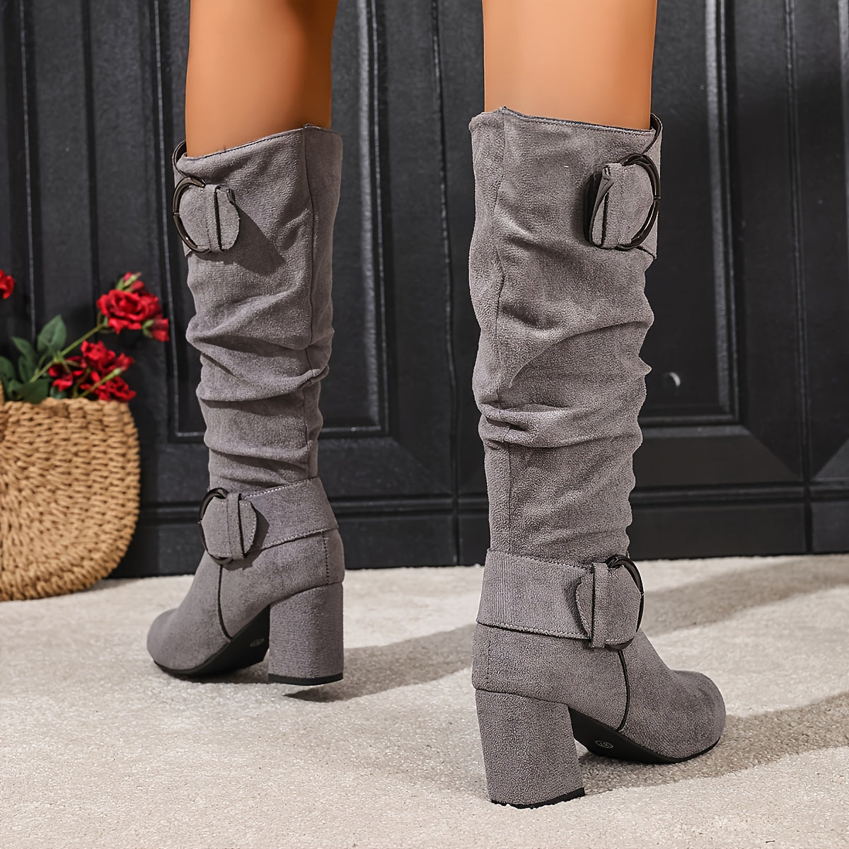 Women's Slouch Knee-High Boots, Block Heel and Buckle Straps - Kacob
