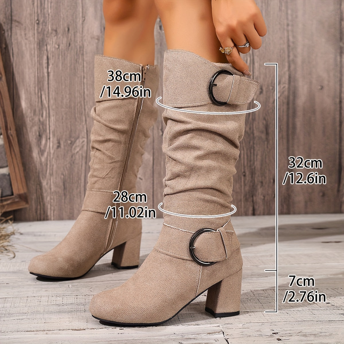 Women's Slouch Knee-High Boots, Block Heel and Buckle Straps - Kacob