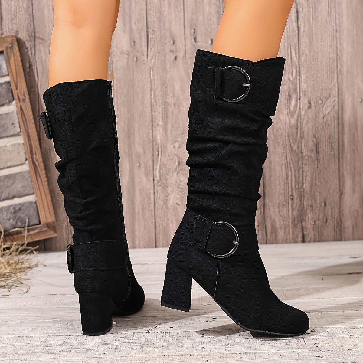 Women's Slouch Knee-High Boots, Block Heel and Buckle Straps - Kacob