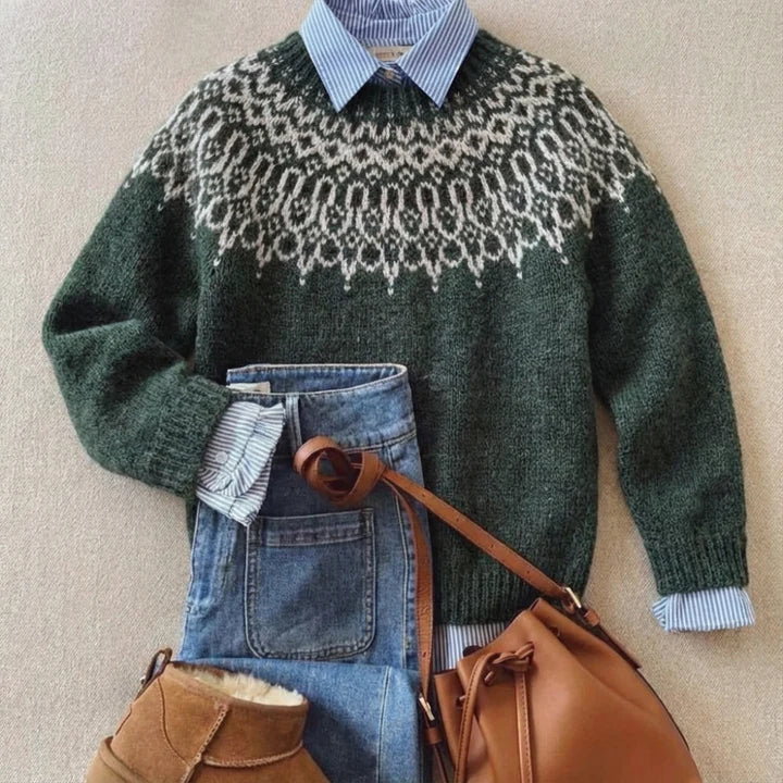 Women's Fair Isle Crewneck Sweater, Green Nordic Yoke - Beverley