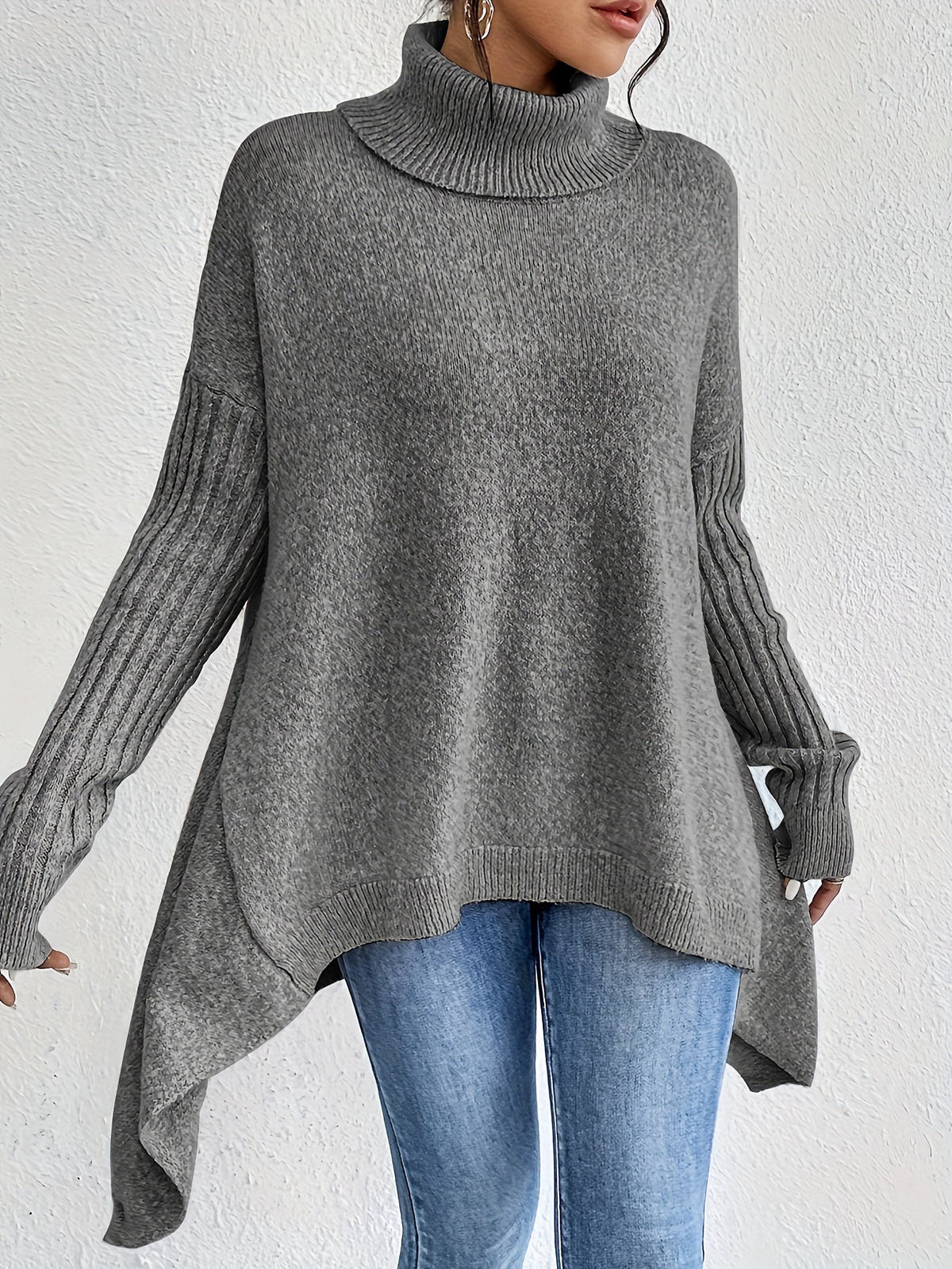 Women's High Neck Sweater, Relaxed Fit and Asymmetric Hem - Audrey