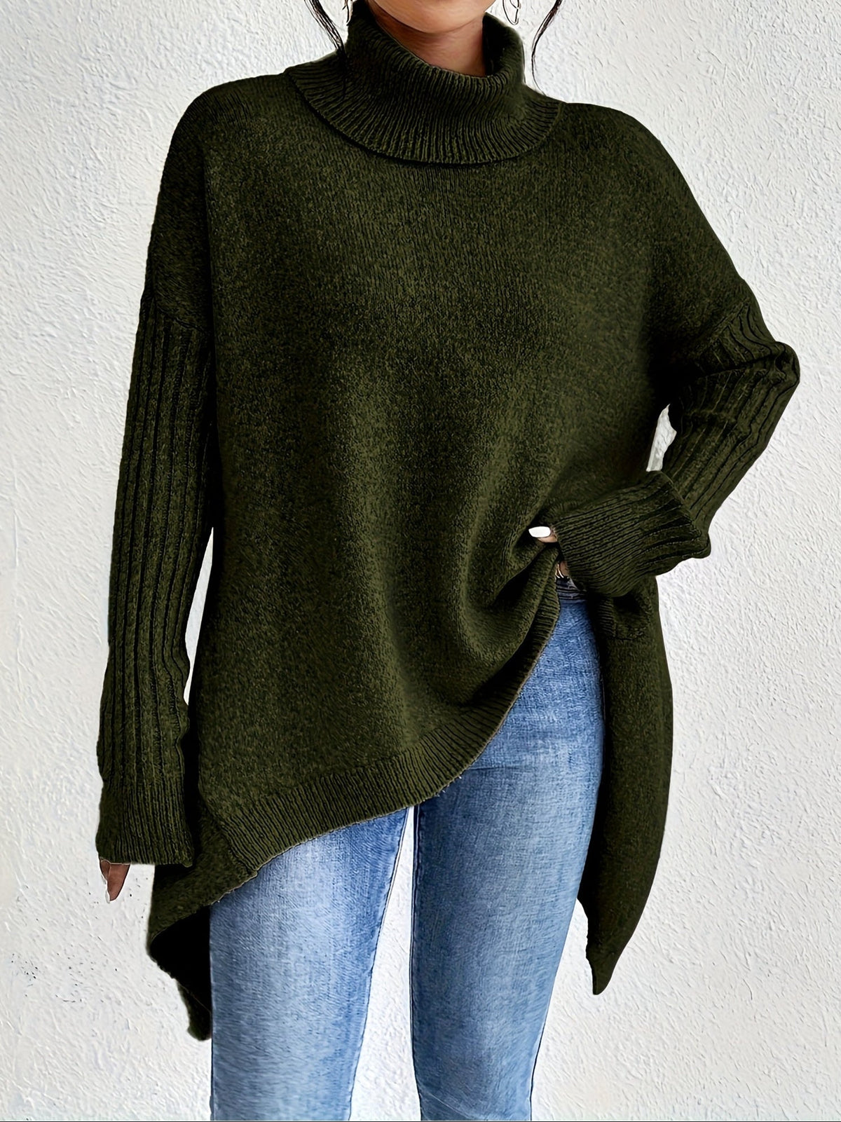 Women's High Neck Sweater, Relaxed Fit and Asymmetric Hem - Audrey
