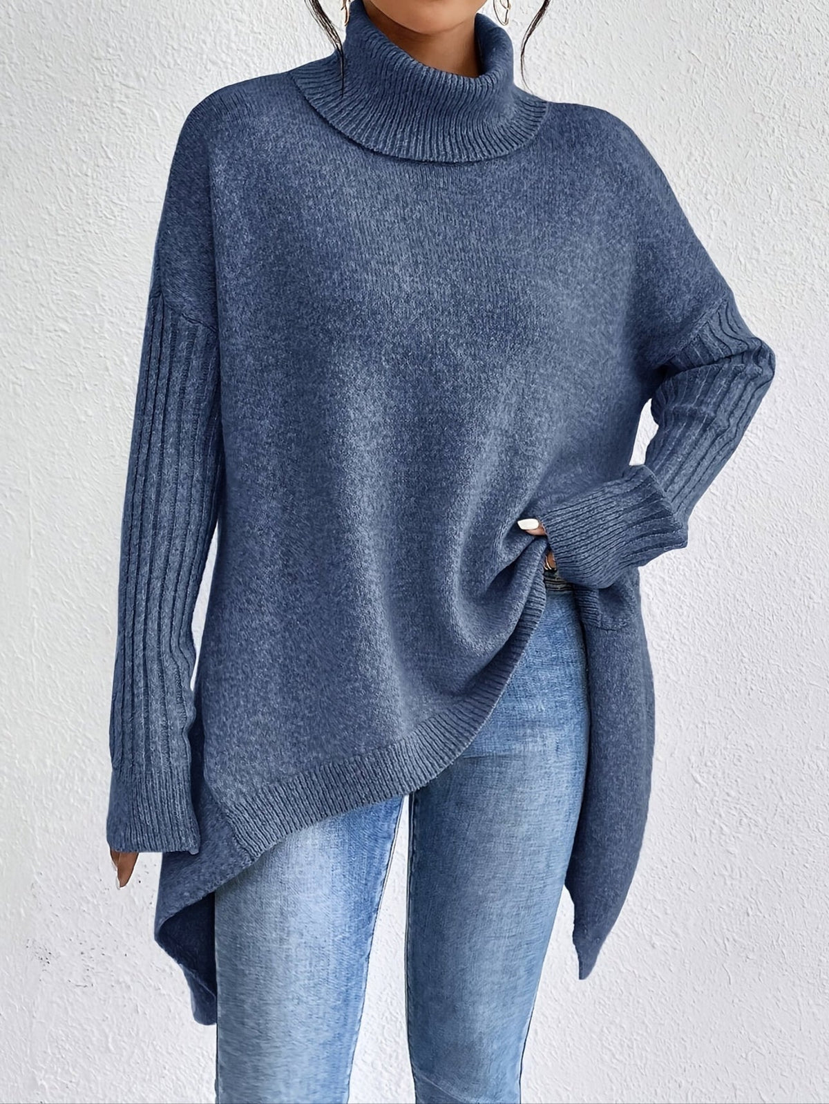 Women's High Neck Sweater, Relaxed Fit and Asymmetric Hem - Audrey
