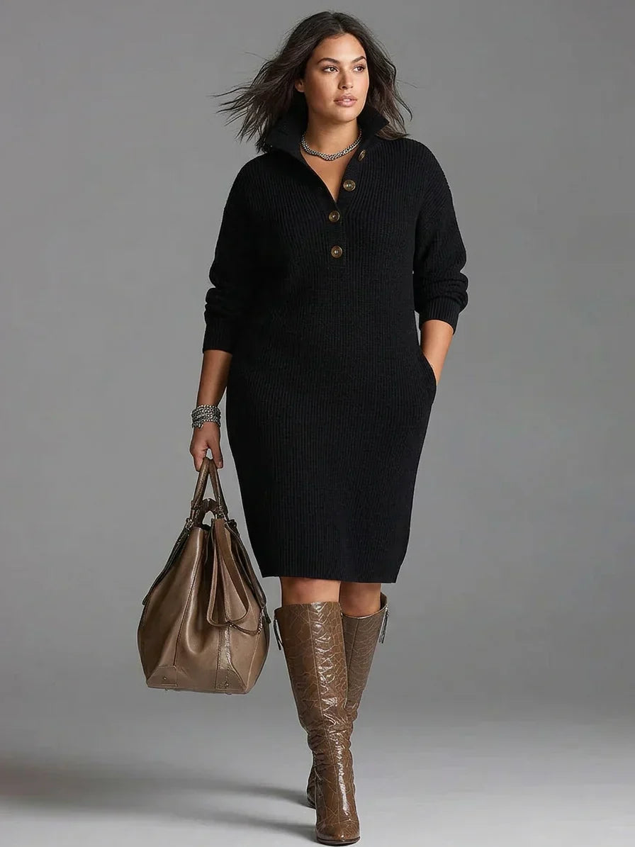 Women's Ribbed Sweater Dress with Button Collar - Hattie