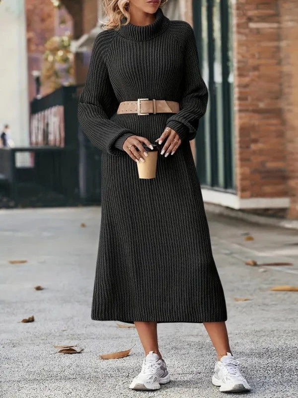 Women's Ribbed Knit Turtleneck Maxi Dress, Long Raglan Sleeves