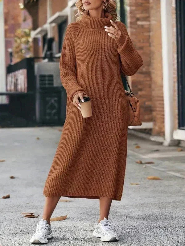 Women's Ribbed Knit Turtleneck Maxi Dress, Long Raglan Sleeves