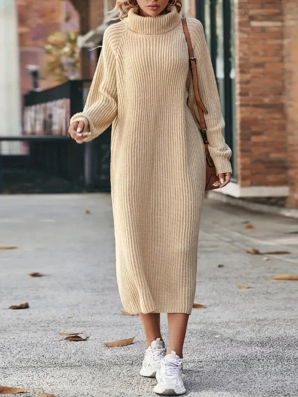 Women's Ribbed Knit Turtleneck Maxi Dress, Long Raglan Sleeves