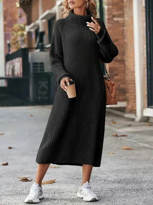 Women's Ribbed Knit Turtleneck Maxi Dress, Long Raglan Sleeves