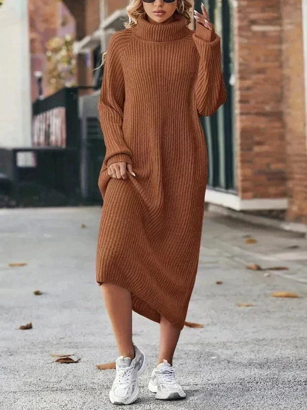 Women's Ribbed Knit Turtleneck Maxi Dress, Long Raglan Sleeves