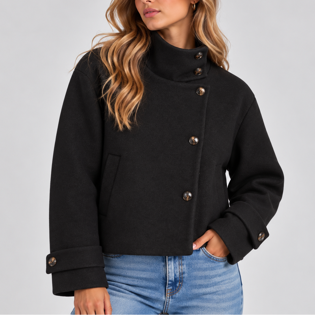 Women's Cropped Wool Jacket – High Neck Button Front