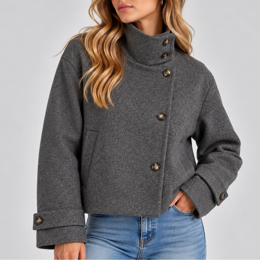 Women's Cropped Wool Jacket – High Neck Button Front