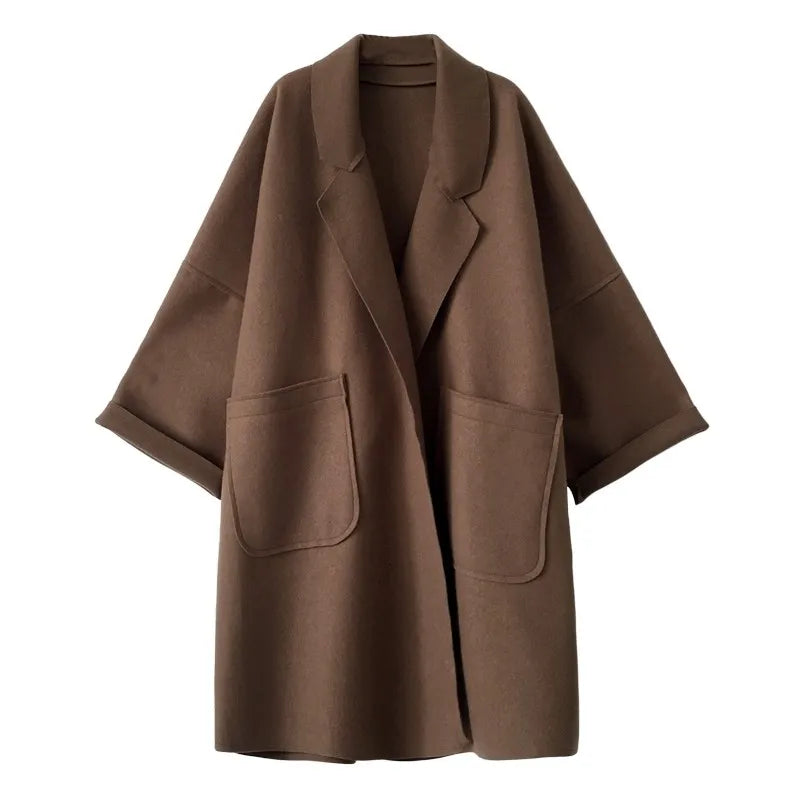 Women's Oversized Long Coat with Lapels and Patch Pockets