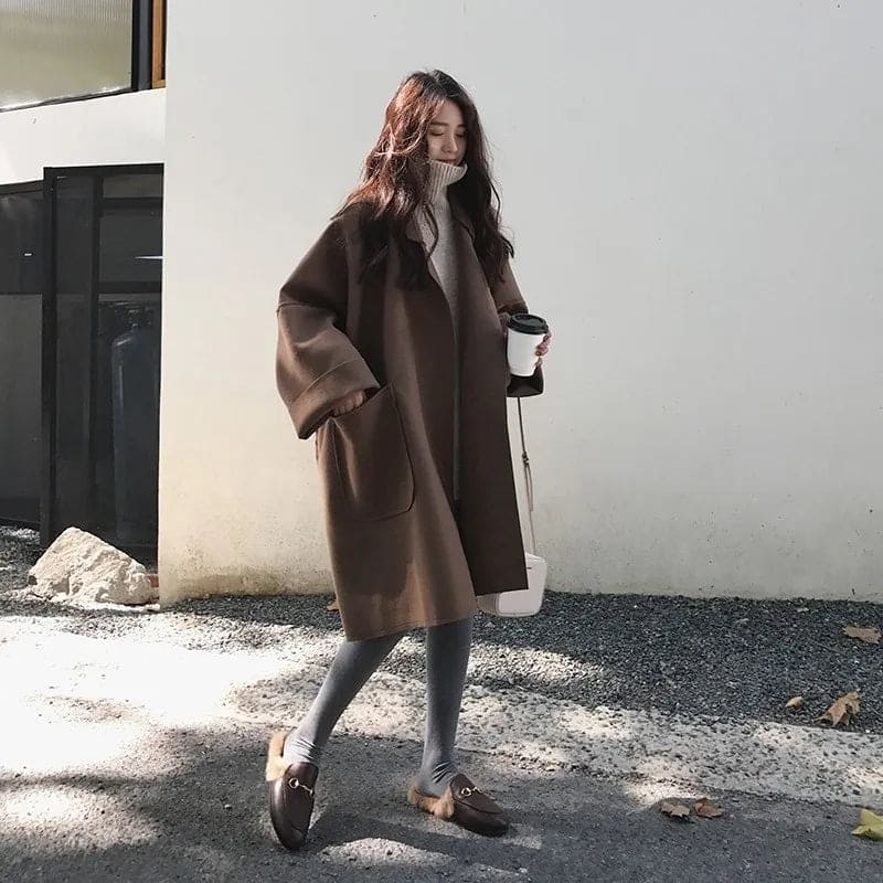 Women's Oversized Long Coat with Lapels and Patch Pockets