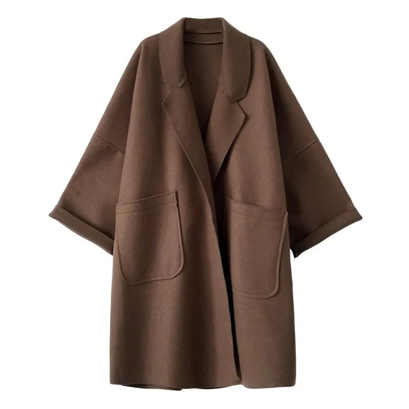 Women's Oversized Long Coat with Lapels and Patch Pockets