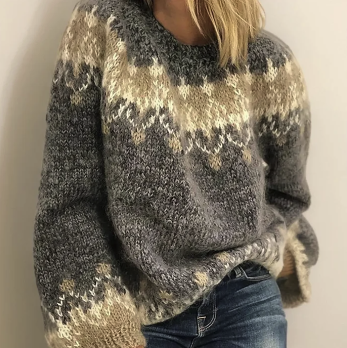 Women's Fair Isle jacquard knit sweater in gray