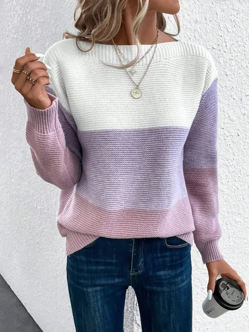 Women's relaxed fit colour block knit sweater in lilac