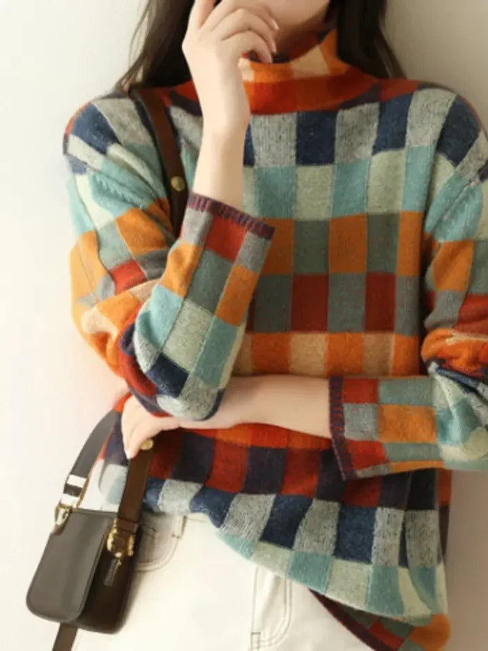 Women's multicolour checked turtleneck knit sweater - alternate view