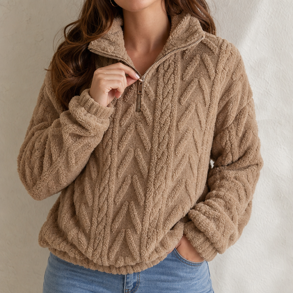Tan cable knit quarter-zip sweater