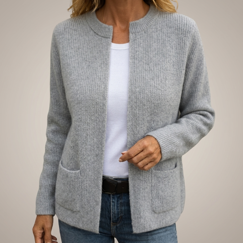 Gray zip-front knit cardigan with patch pockets