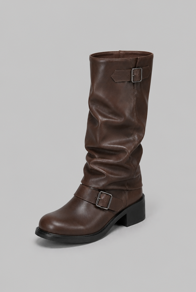 Women's Faux Leather Knee-High Biker Boots, Buckles - Dominica