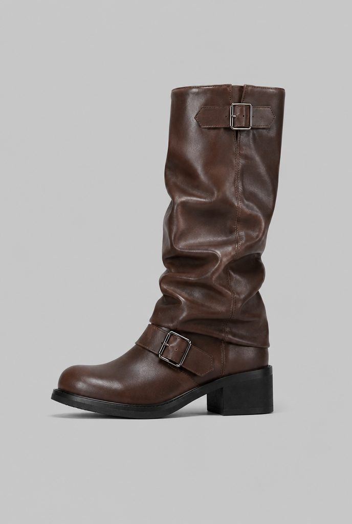 Women's Faux Leather Knee-High Biker Boots, Buckles - Dominica