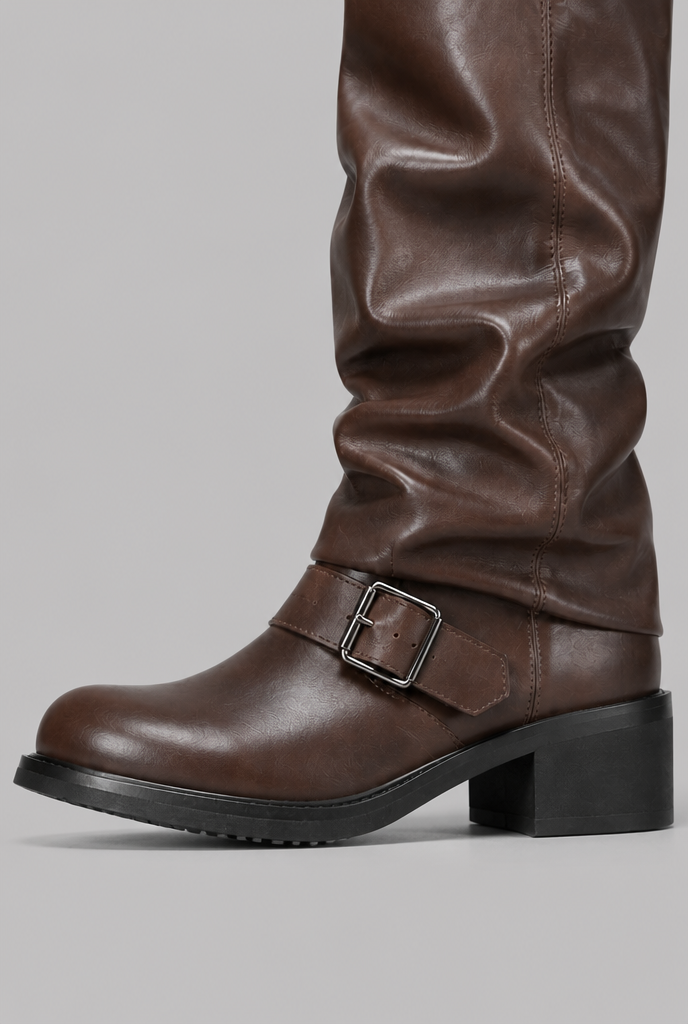 Women's Faux Leather Knee-High Biker Boots, Buckles - Dominica