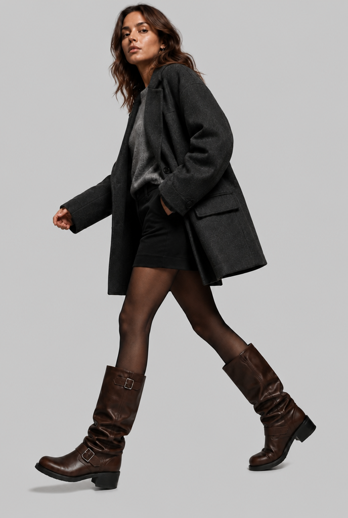 Women's Faux Leather Knee-High Biker Boots, Buckles - Dominica