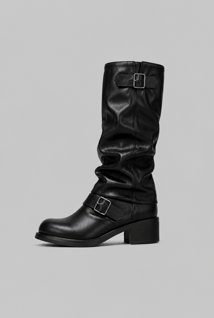 Women's Faux Leather Knee-High Biker Boots, Buckles - Dominica