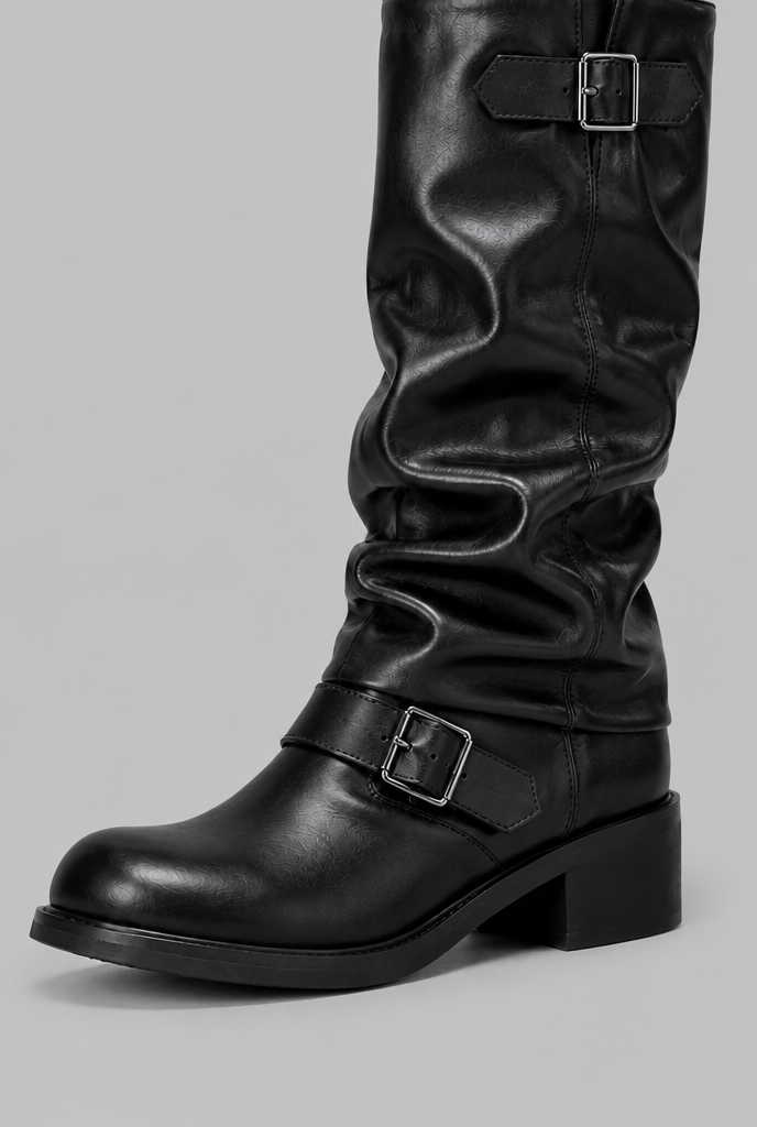 Women's Faux Leather Knee-High Biker Boots, Buckles - Dominica