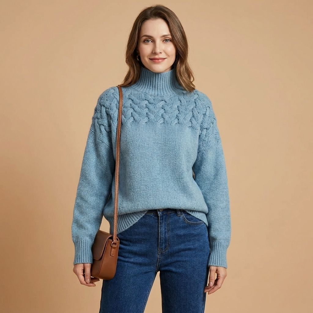 Women's Oversized Turtleneck Sweater, Cable Knit Yoke - Lenora