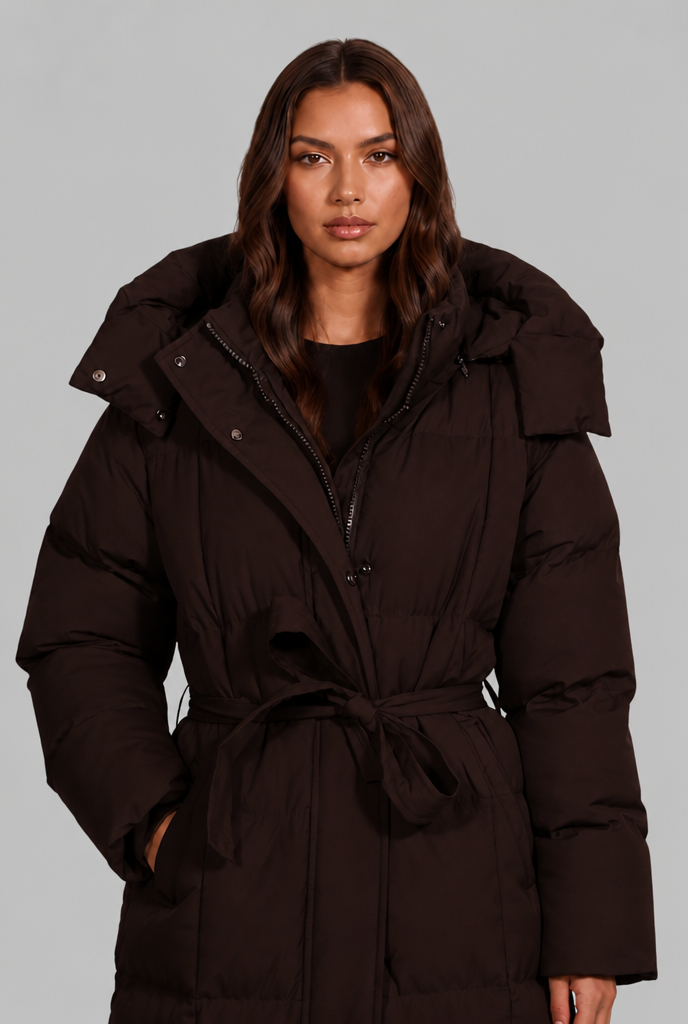 Women's Long Hooded Puffer Coat, Oversized Belted Fit - Luciana