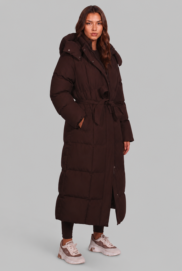 Women's Long Hooded Puffer Coat, Oversized Belted Fit - Luciana