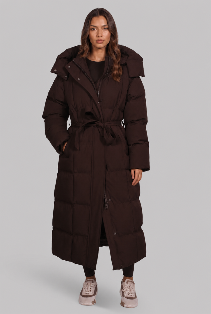 Women's Long Hooded Puffer Coat, Oversized Belted Fit - Luciana