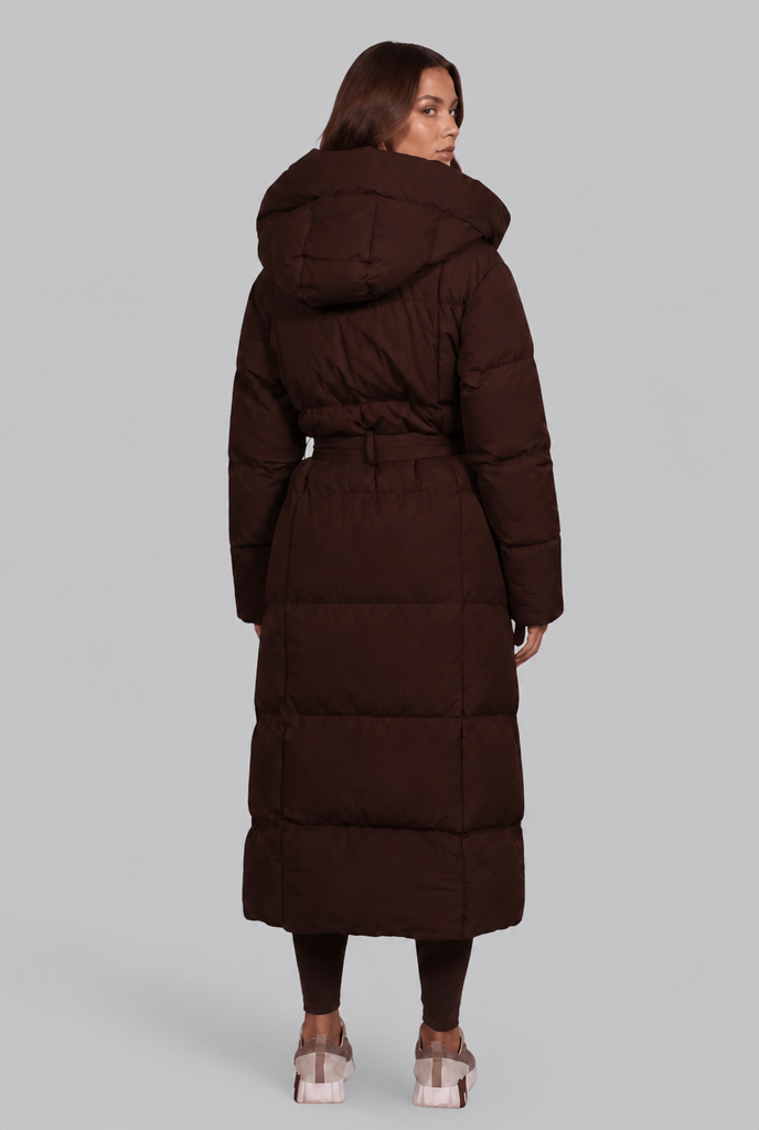 Women's Long Hooded Puffer Coat, Oversized Belted Fit - Luciana