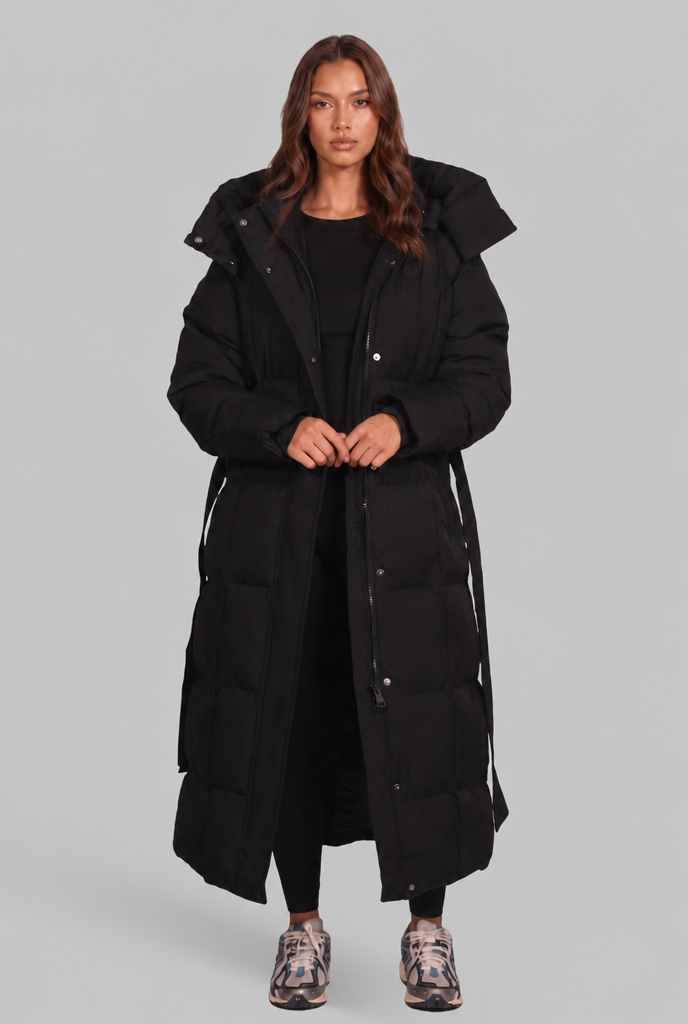 Women's Long Hooded Puffer Coat, Oversized Belted Fit - Luciana