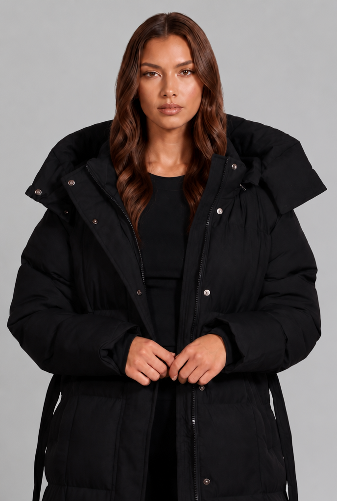 Women's Long Hooded Puffer Coat, Oversized Belted Fit - Luciana