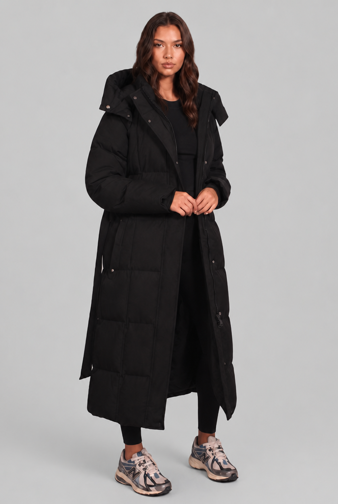 Women's Long Hooded Puffer Coat, Oversized Belted Fit - Luciana