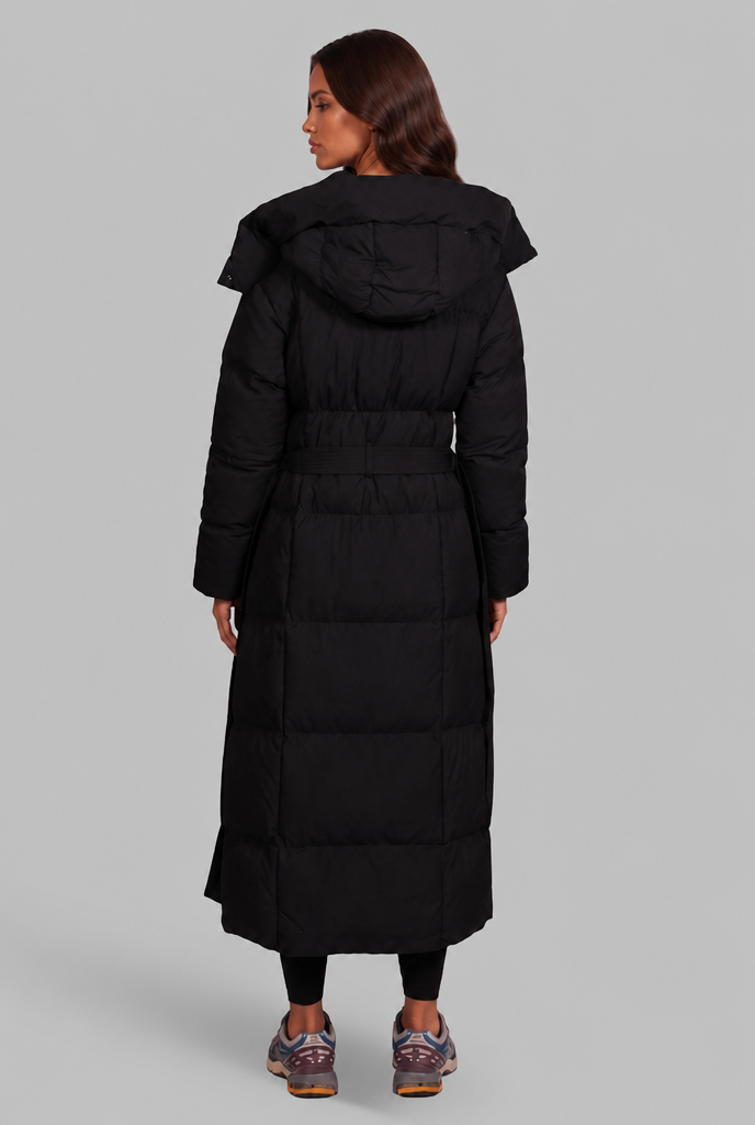 Women's Long Hooded Puffer Coat, Oversized Belted Fit - Luciana