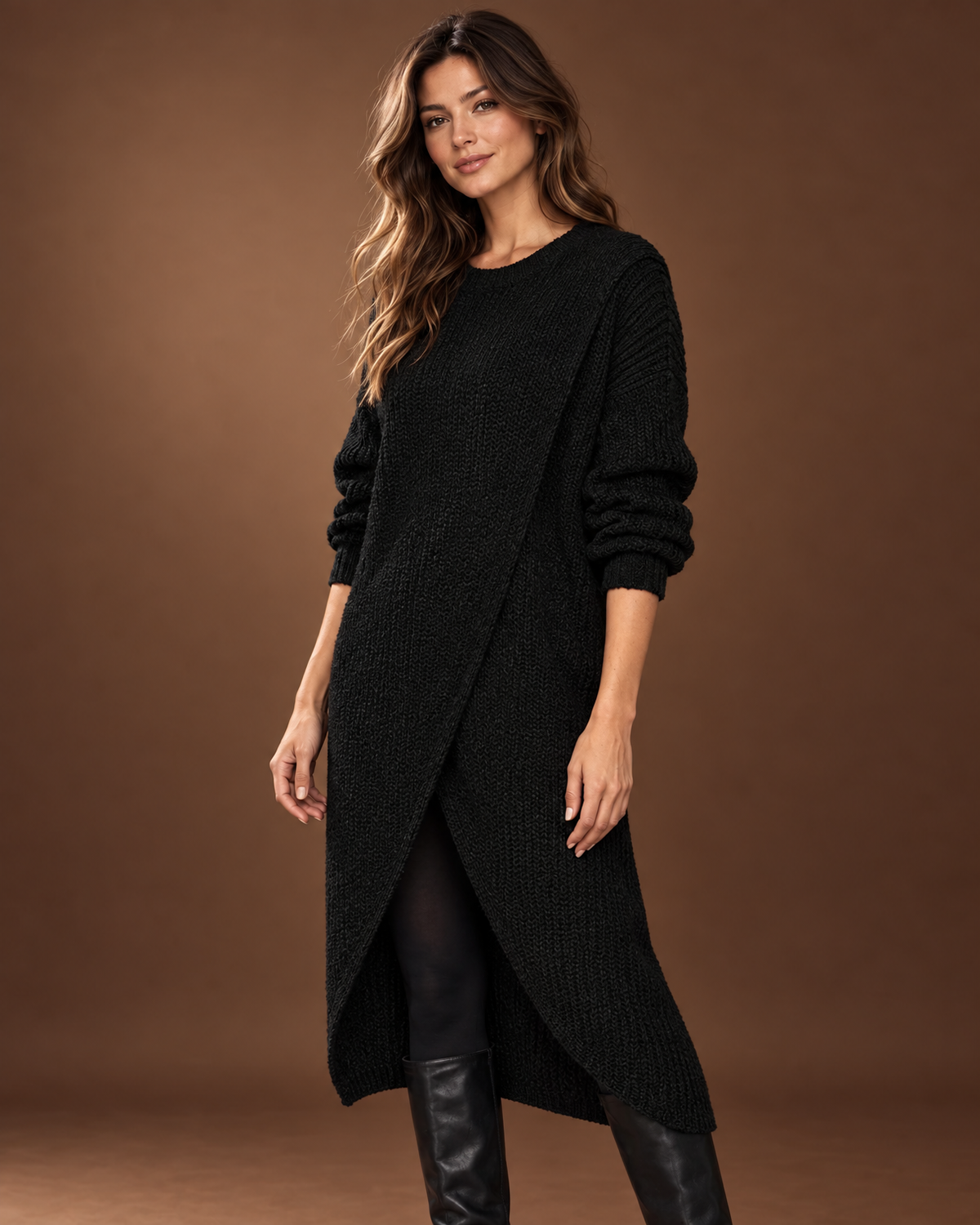Angled view of black knit sweater dress showing ribbed texture, cuffs and overlapping asymmetric skirt