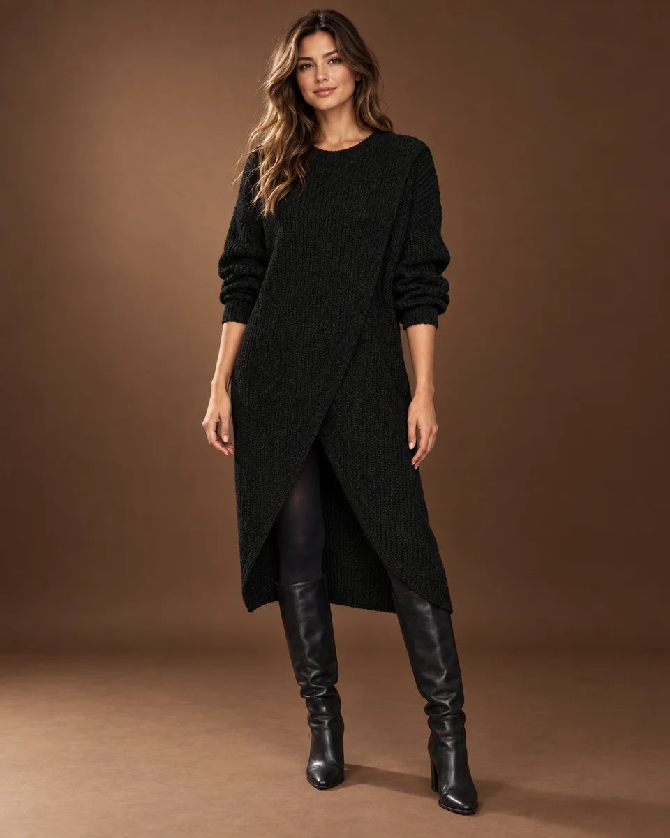 Women's black knit midi sweater dress with round neck, long sleeves and asymmetric wrap-style hem, front view