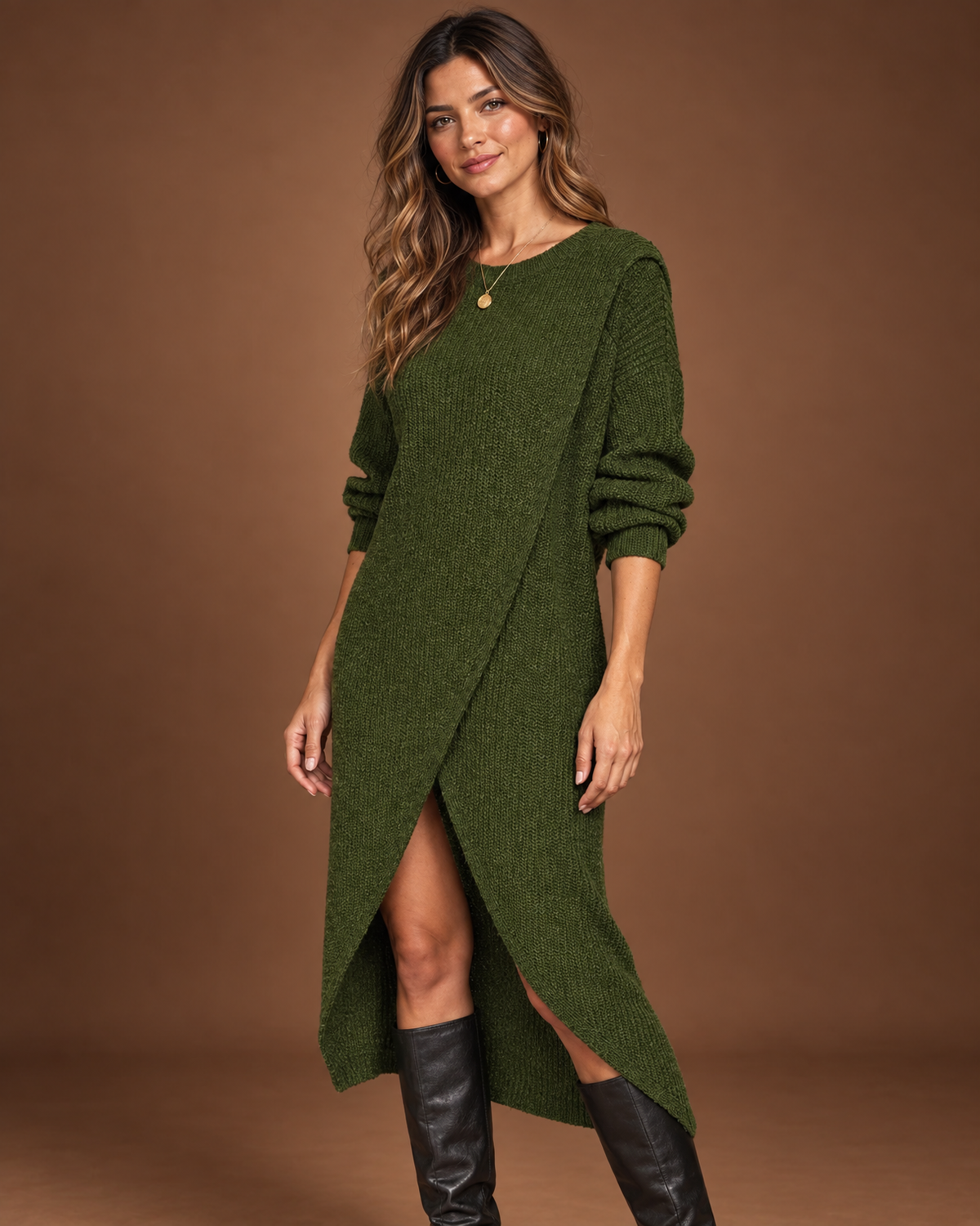 Angled view of green knit sweater dress showing ribbed texture, cuffs and overlapping asymmetric skirt