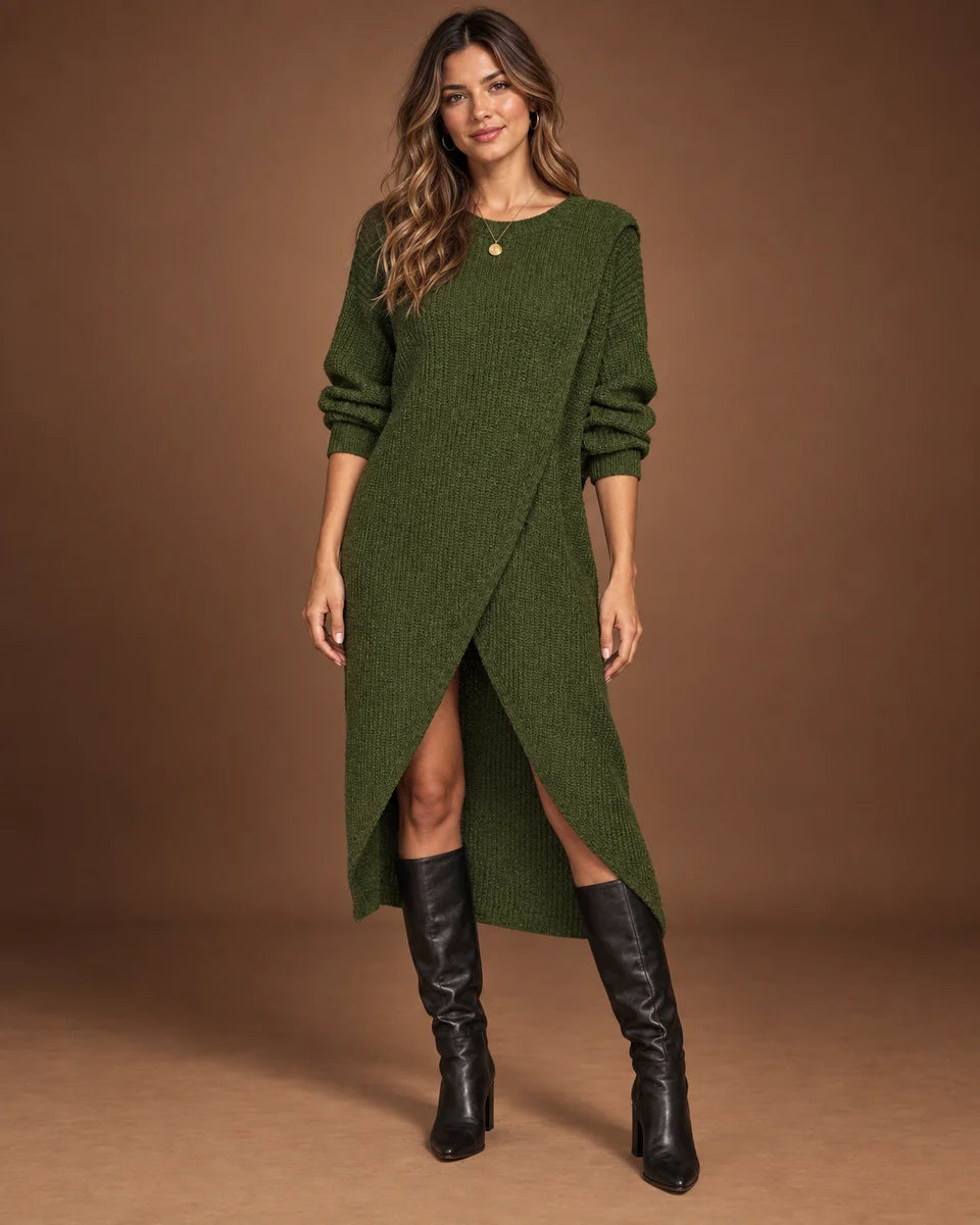 Women's green knit midi sweater dress with round neck, long sleeves and asymmetric wrap-style hem, front view