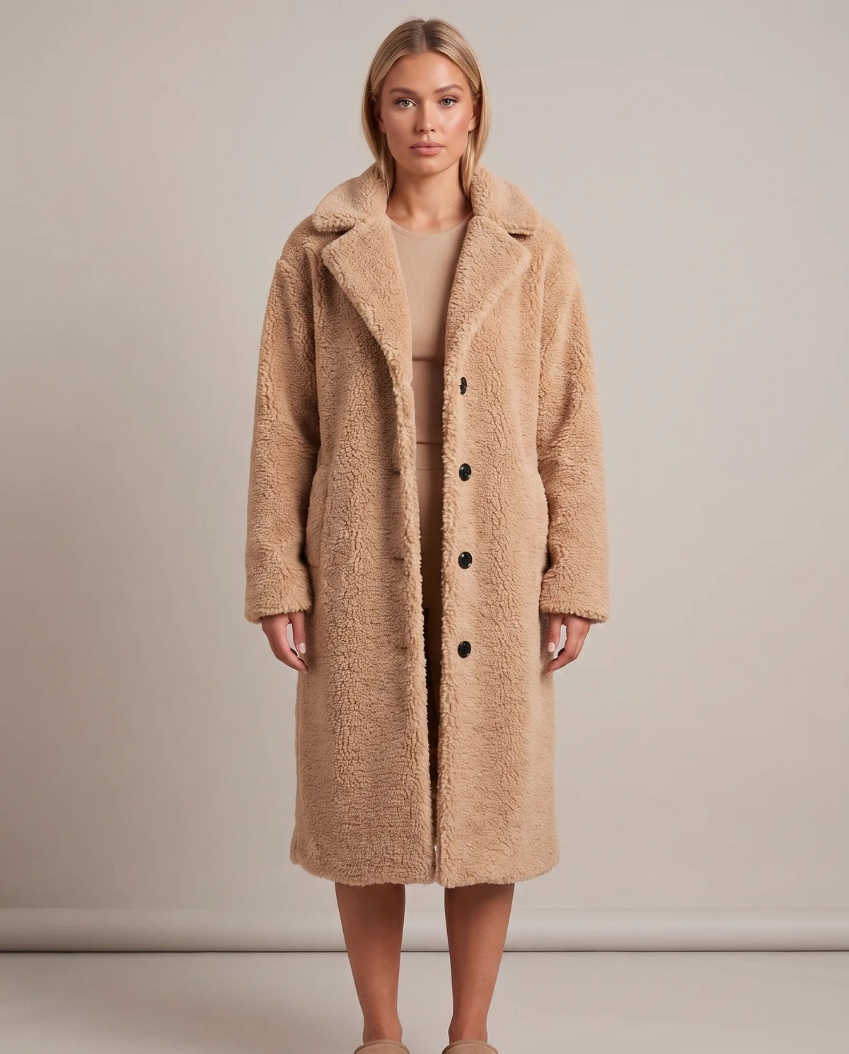 Women's khaki longline teddy fleece coat with notched collar and button front, front view