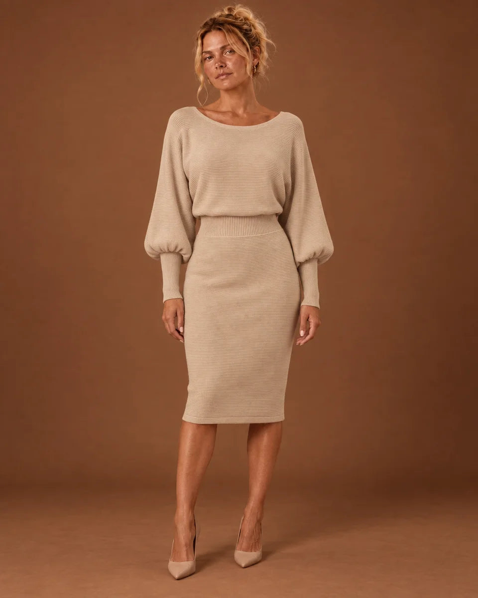 Women's beige ribbed knit midi dress with a scoop neckline and batwing sleeves, front view