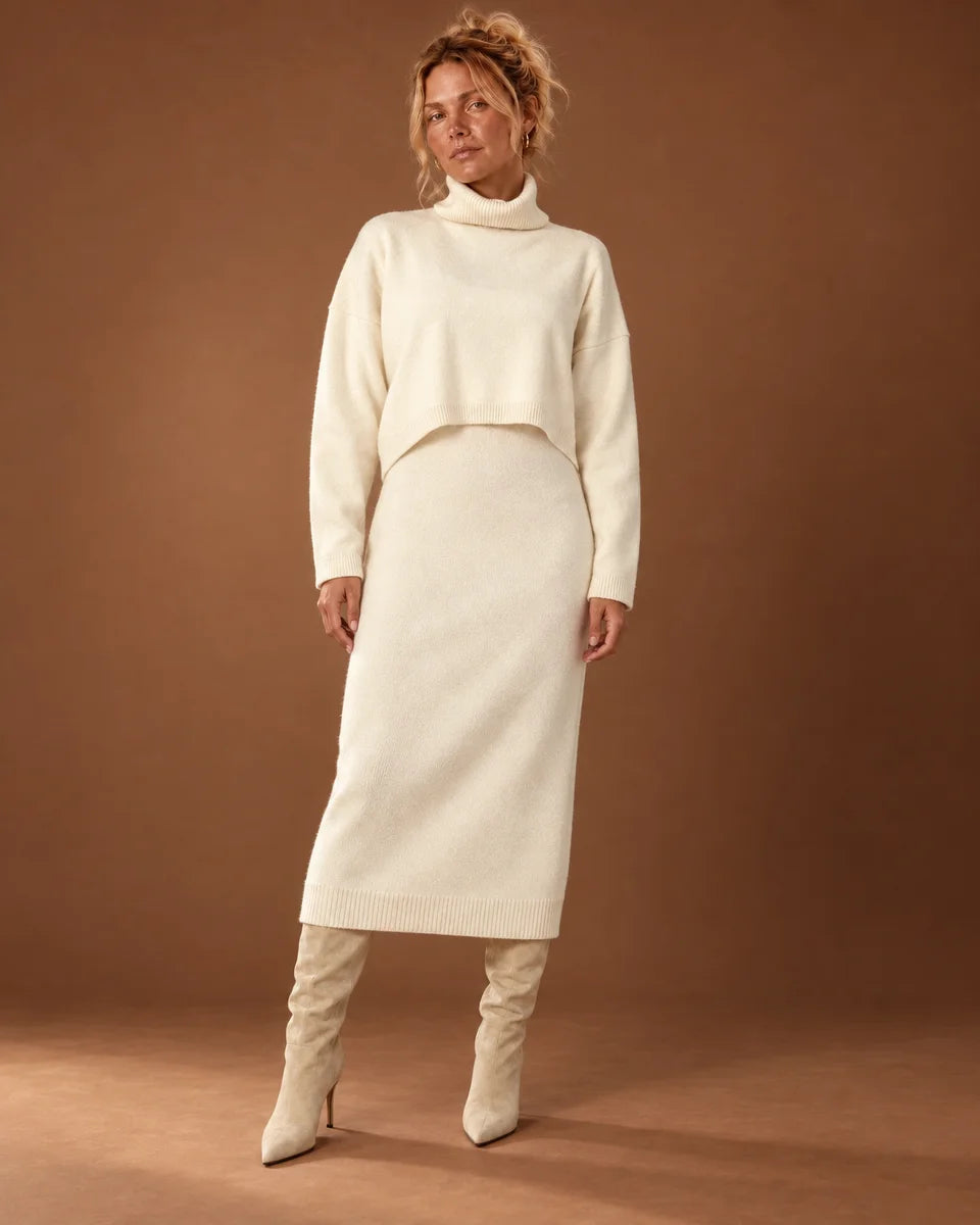 Women's cream two-piece knit set with a cropped turtleneck sweater over a matching midi dress