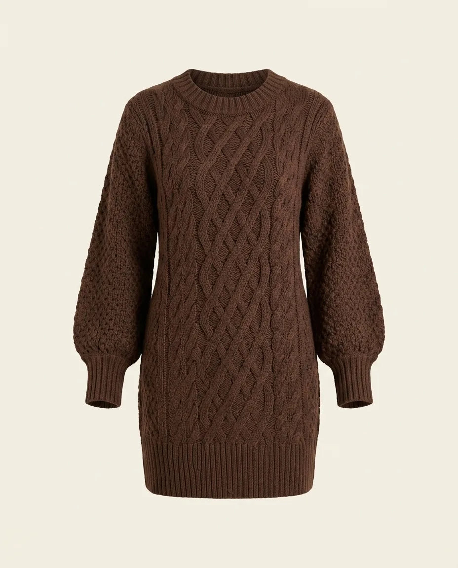 Chocolate brown oversized cable knit sweater dress on a plain background